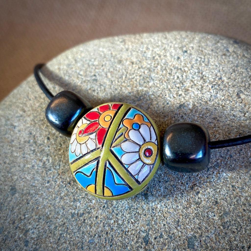 Shungite Necklace Colorful Hippie Peace Sign Stoneware Lentil Bead