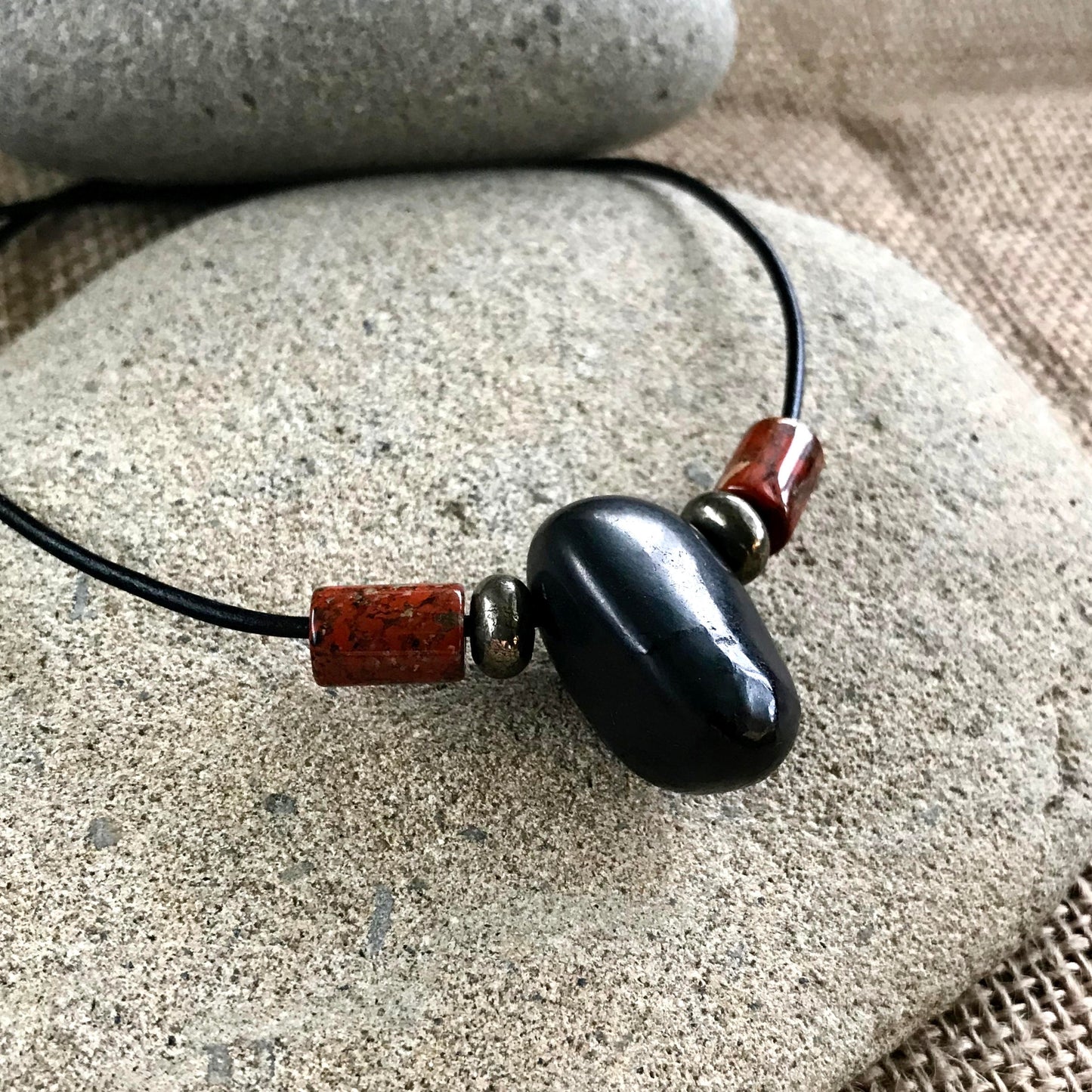 Shungite Necklace With Poppy Jasper and Pyrite Beads, Root Chakra - Shungite Queen