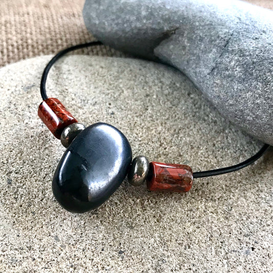 Shungite Necklace With Poppy Jasper and Pyrite Beads, Root Chakra - Shungite Queen