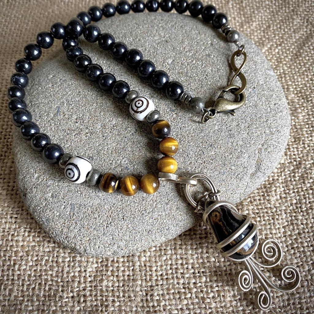 Shungite Necklace w/Stromatolite Pendant, Tiger's Eye, & Pyrite Beads