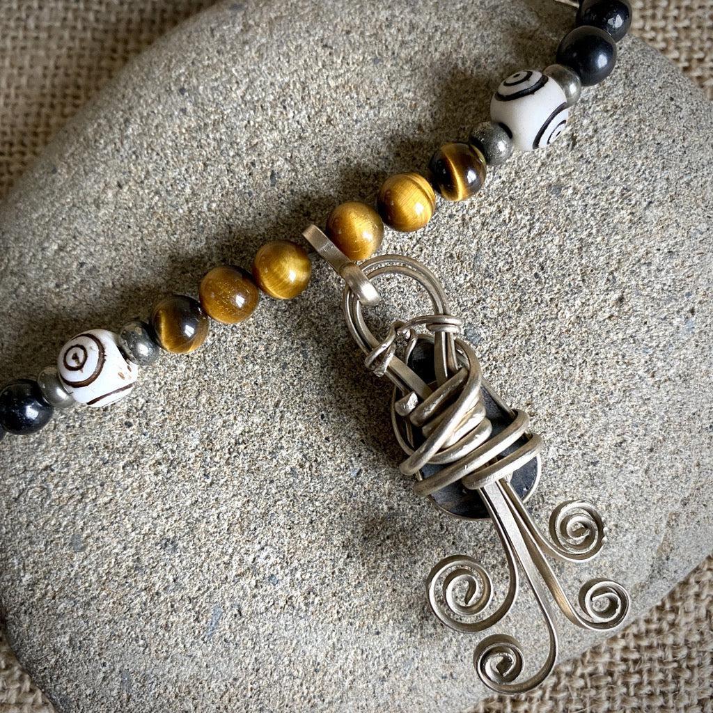 Shungite Necklace w/Stromatolite Pendant, Tiger's Eye, & Pyrite Beads