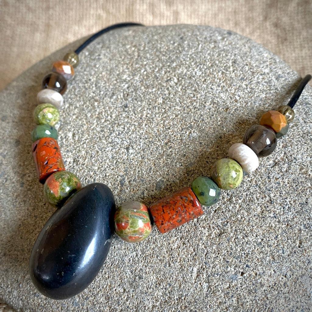 Shungite Necklace w/Unakite, Jasper, Green Jade, Smokey Quartz, Brass