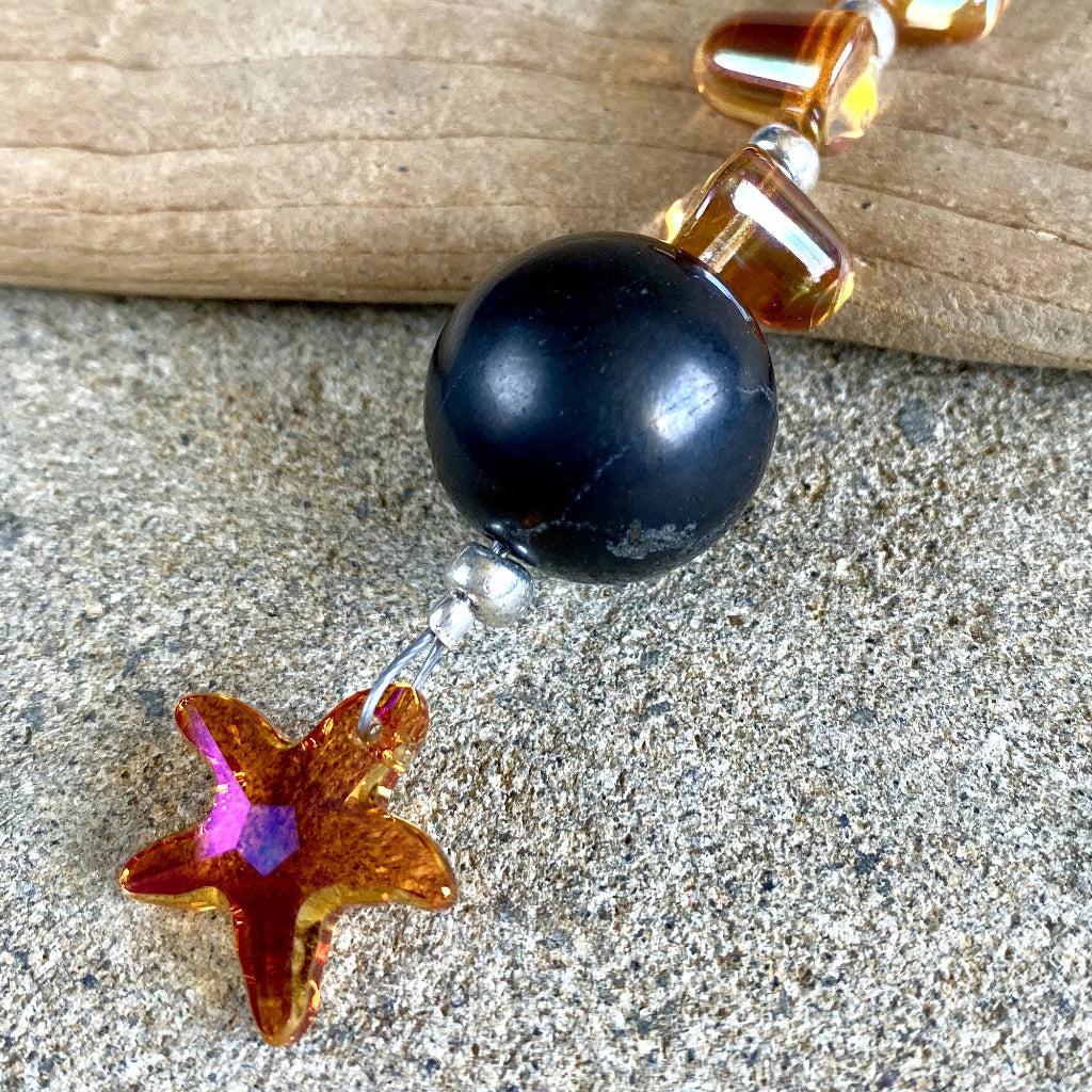 Shungite Ornament w/Sparkly Orange Swarovski Star, Gumdrop Beads - Shungite Queen