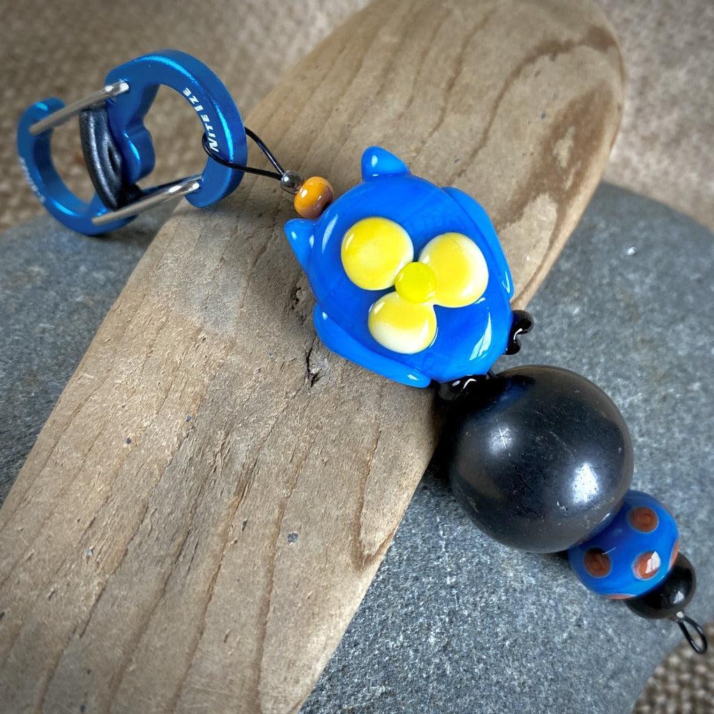Shungite Owl Clip-on, Blue & Orange, Artisan Lampwork Glass Bead - Shungite Queen