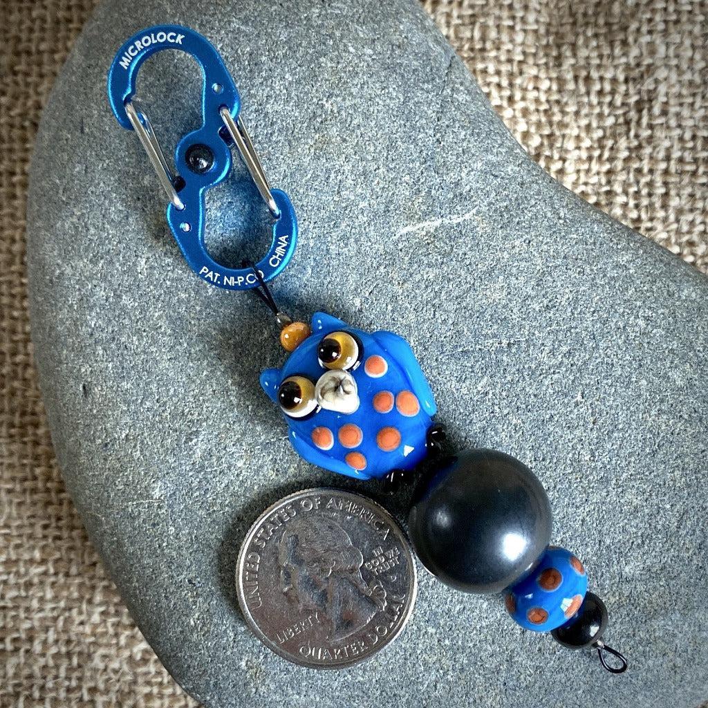 Shungite Owl Clip-on, Blue & Orange, Artisan Lampwork Glass Bead - Shungite Queen