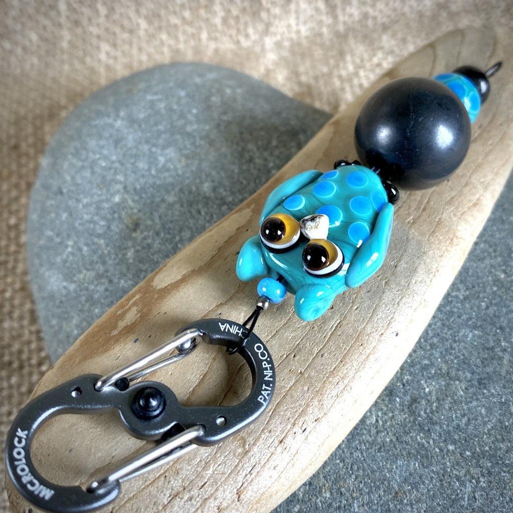 Shungite Owl Clip-on, Turquoise & Blue, Artisan Lampwork Glass Bead - Shungite Queen