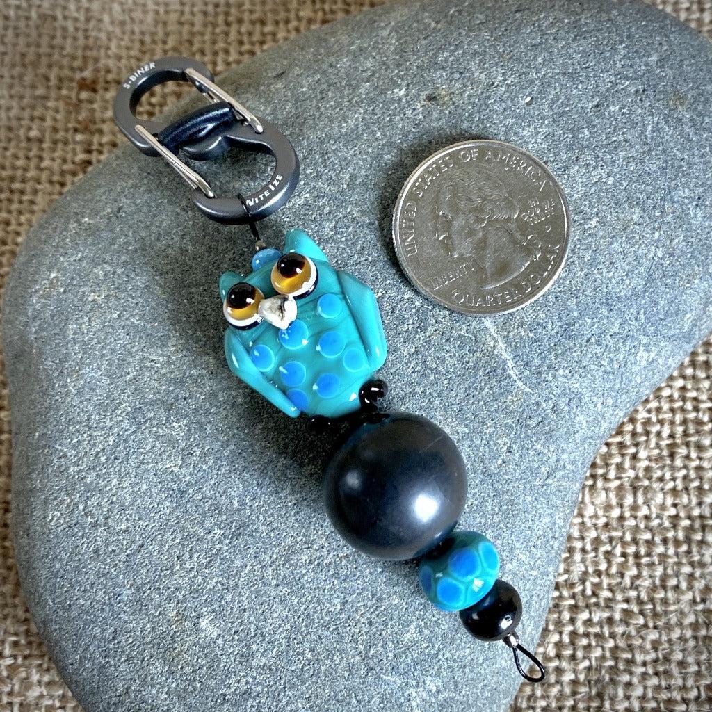 Shungite Owl Clip-on, Turquoise & Blue, Artisan Lampwork Glass Bead - Shungite Queen