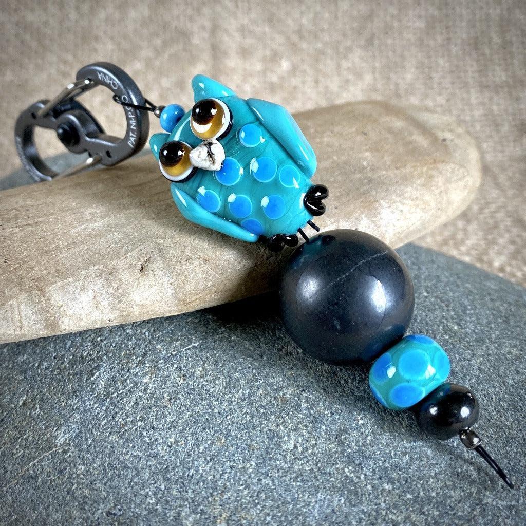 Shungite Owl Clip-on, Turquoise & Blue, Artisan Lampwork Glass Bead - Shungite Queen