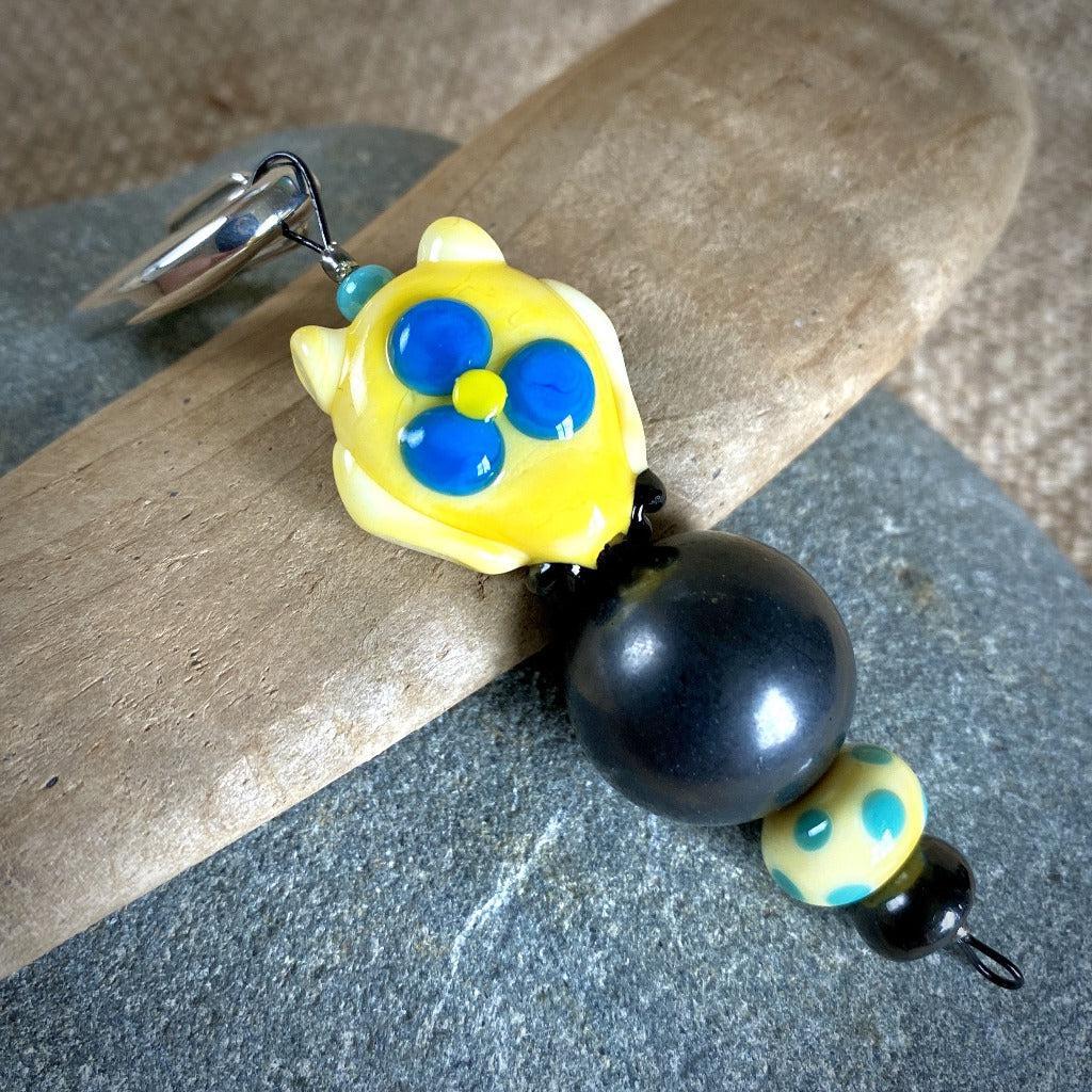 Shungite Owl Clip-on, Yellow & Turquoise, Artisan Lampwork Glass Bead - Shungite Queen