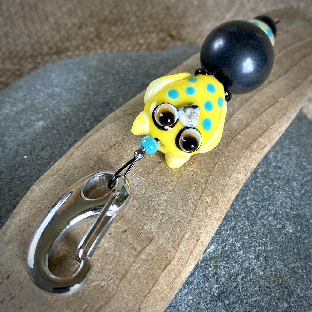Shungite Owl Clip-on, Yellow & Turquoise, Artisan Lampwork Glass Bead - Shungite Queen