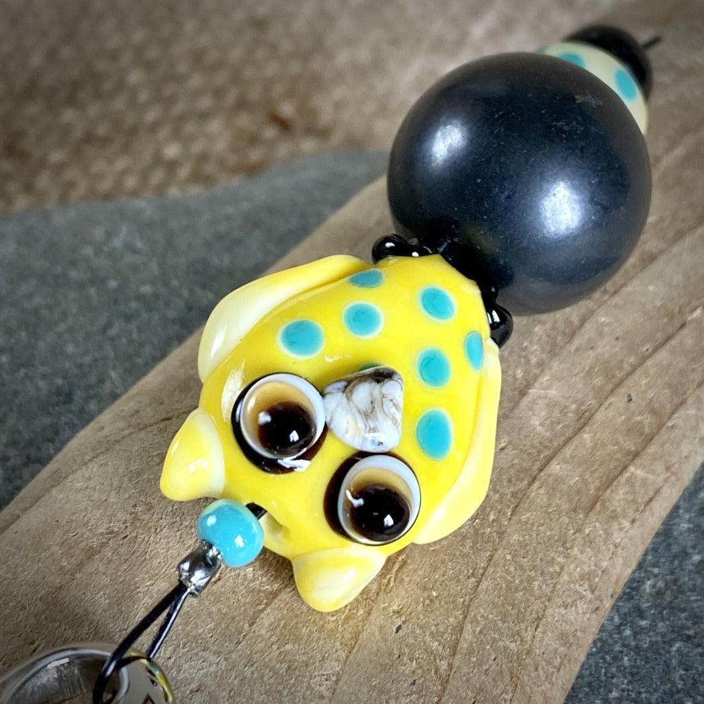 Shungite Owl Clip-on, Yellow & Turquoise, Artisan Lampwork Glass Bead - Shungite Queen