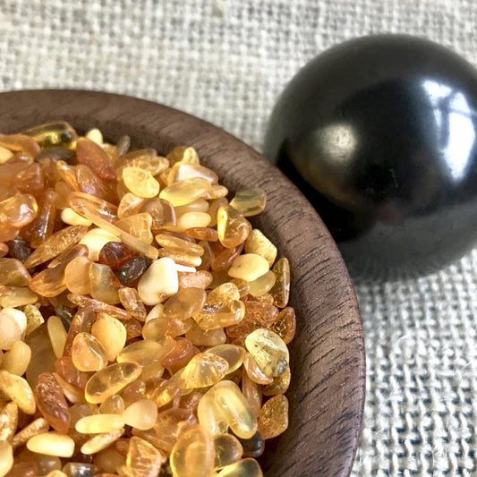 Shungite Sphere on Baltic Amber in Custom Wood Bowl, Purification - Shungite Queen