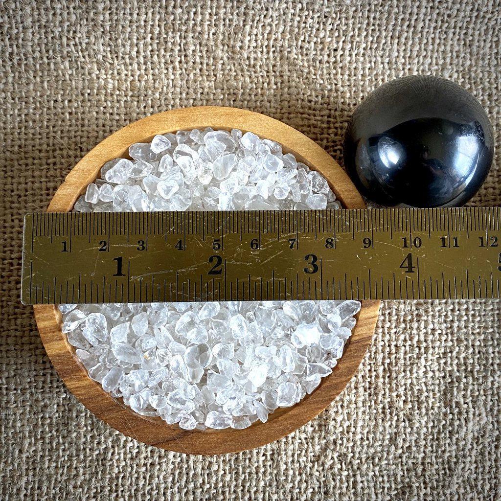 Shungite Sphere on Bed of Microtumbled Crystal in Olive Wood Bowl, - Shungite Queen