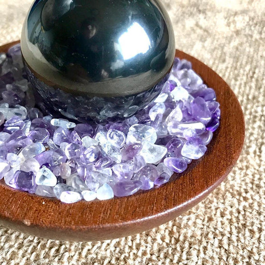 Shungite Sphere on Bed of Tumbled Amethyst in Custom Wood Bowl, EMF - Shungite Queen