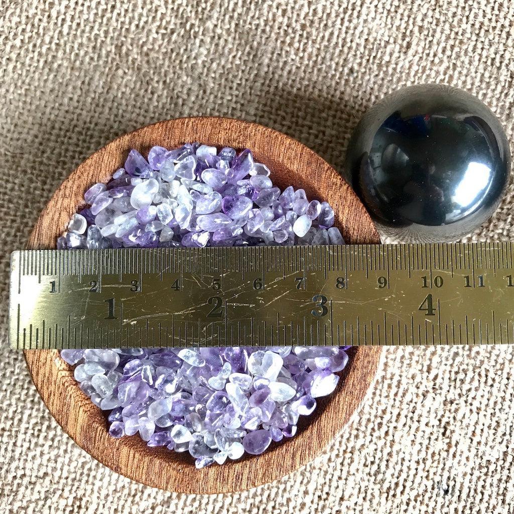 Shungite Sphere on Bed of Tumbled Amethyst in Custom Wood Bowl, EMF - Shungite Queen