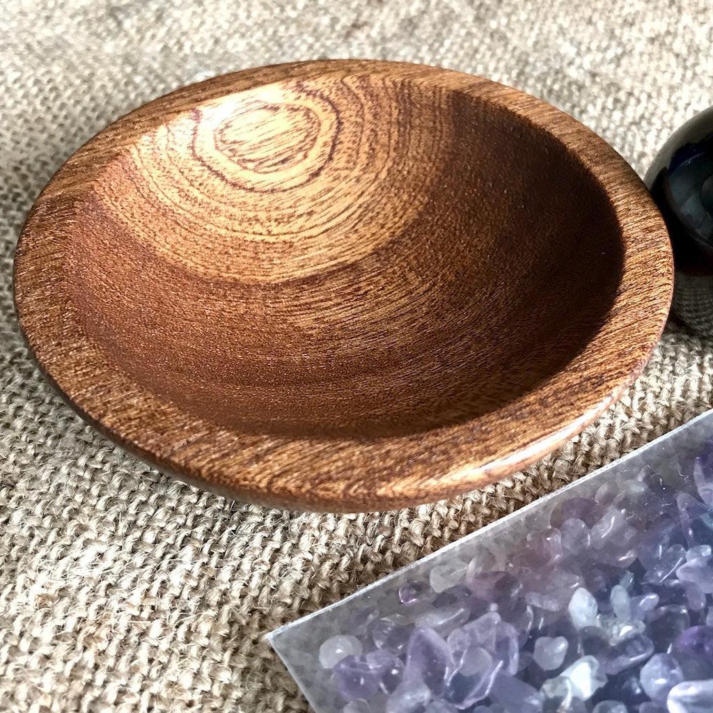 Shungite Sphere on Bed of Tumbled Amethyst in Custom Wood Bowl, EMF - Shungite Queen