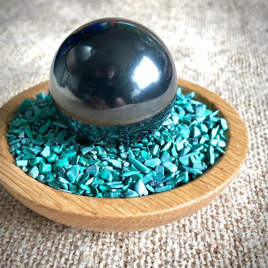 Shungite Sphere on Bed of Tumbled Malachite in Custom Wood Bowl - Shungite Queen