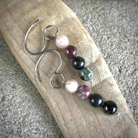 Shungite, Tourmaline, & Peach Moonstone Earrings, Emotional Balance - Shungite Queen