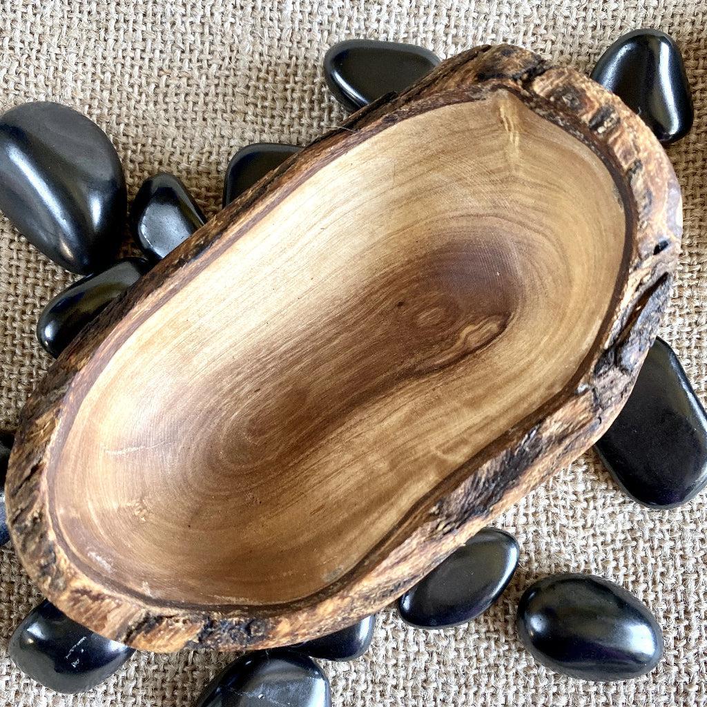 Tumbled Shungite Stones w/Tiger's Eye Heart in Olive Wood Bowl - Shungite Queen