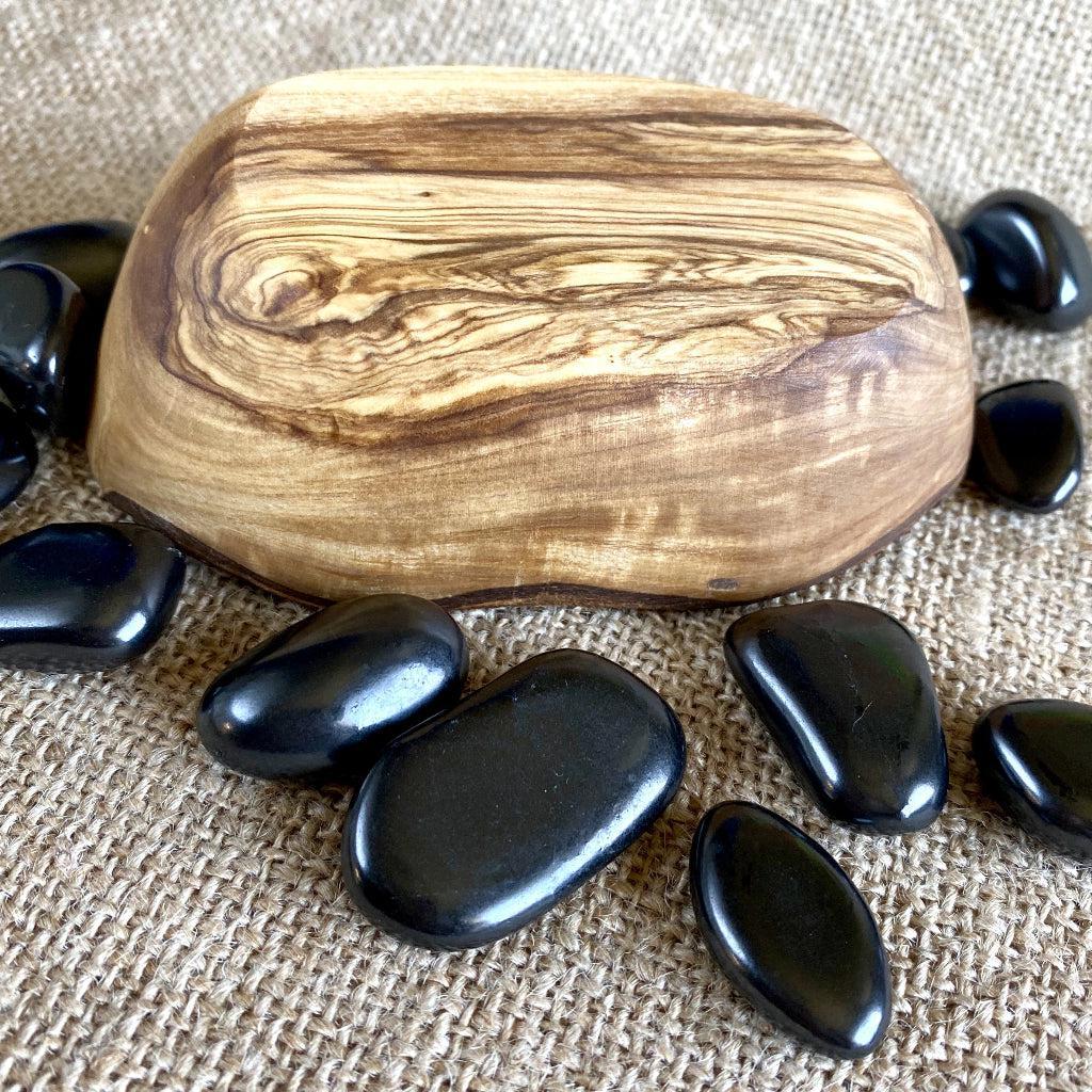 Tumbled Shungite Stones w/Tiger's Eye Heart in Olive Wood Bowl - Shungite Queen