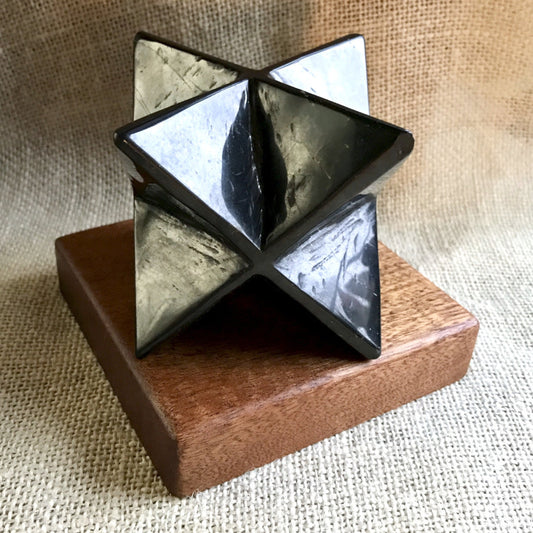 Shungite Merkaba, 75mm, Hand Carved Custom Wood Stand - Shungite Queen