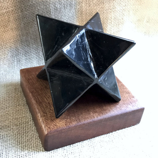 Shungite Merkaba, 75mm, Hand Carved Custom Wood Stand - Shungite Queen