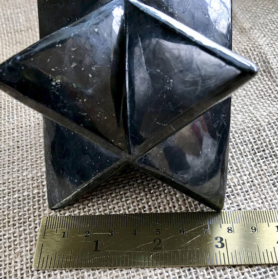 Shungite Merkaba, 75mm, Hand Carved Custom Wood Stand - Shungite Queen