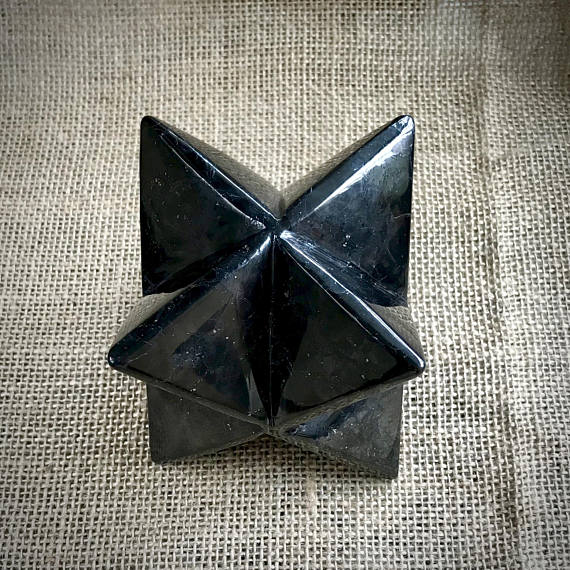 Shungite Merkaba, 75mm, Hand Carved Custom Wood Stand - Shungite Queen