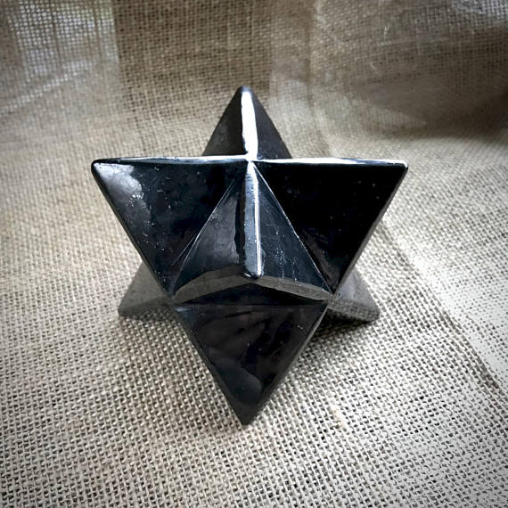 Shungite Merkaba, 75mm, Hand Carved Custom Wood Stand - Shungite Queen