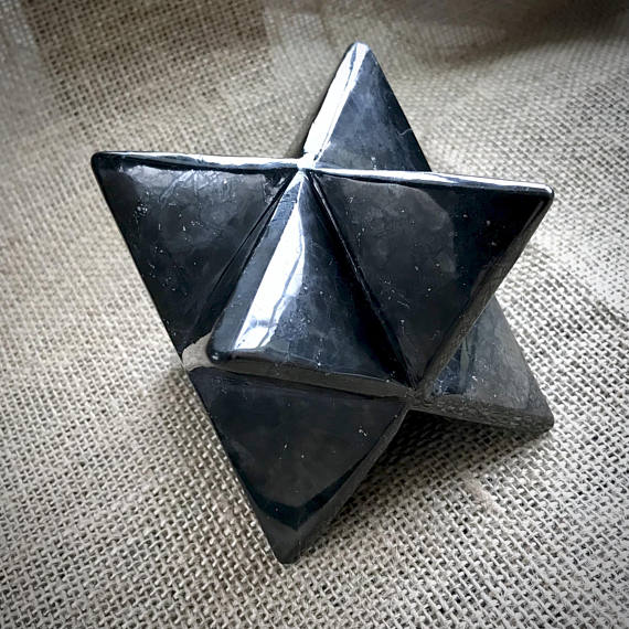 Shungite Merkaba, 75mm, Hand Carved Custom Wood Stand - Shungite Queen