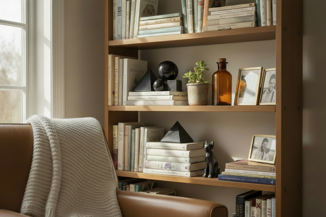 A cozy home bookshelf styled with shungite pyramids, spheres, and a shungite cat sculpture alongside books, plants, and apothecary bottles.