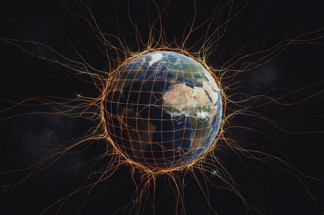 Stylized illustration of Earth surrounded by an electromagnetic energy grid