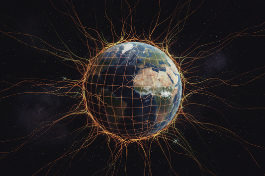 Stylized illustration of Earth surrounded by an electromagnetic energy grid