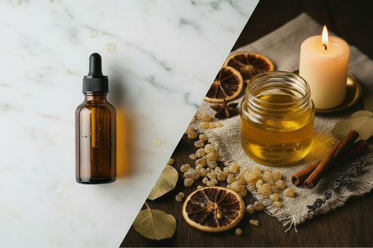 Split image contrasting a clinical amber essential oil dropper bottle on white marble with a warm artisan jar of frankincense resin-infused oil surrounded by resin tears, botanicals, and candlelight