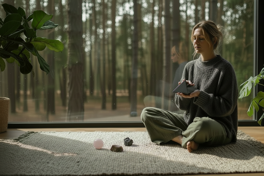 Woman seated cross-legged on a rug beside a window, holding a dark stone, with houseplants and a forest view behind her.⠋