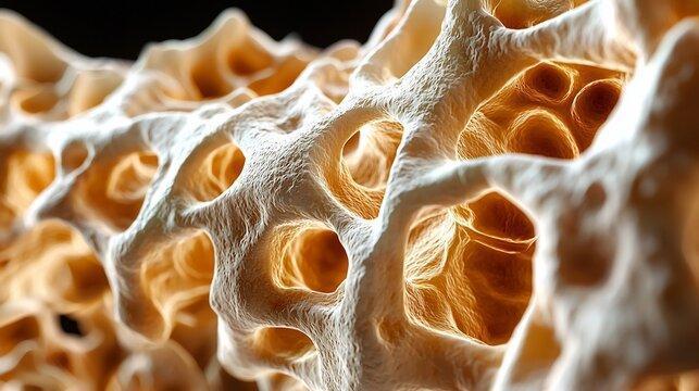 Microscopic view of porous bone tissue illustrating osteoporosis bone density loss