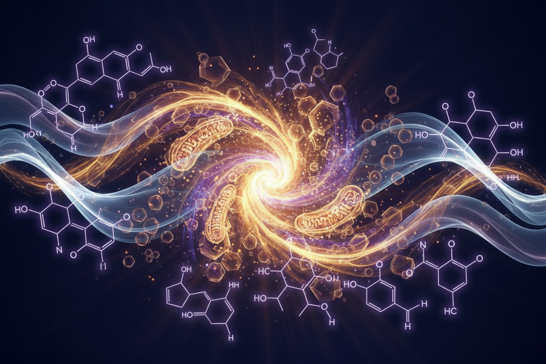 Melatonin molecular art — flowing light energy and cellular structures representing melatonin's antioxidant role in the body