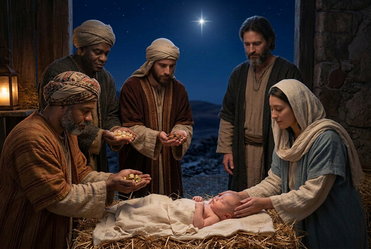 Three visitors from the East offer gold, frankincense resin, and myrrh resin to the infant Jesus in a manger under a bright star, with Mary and Joseph beside him.