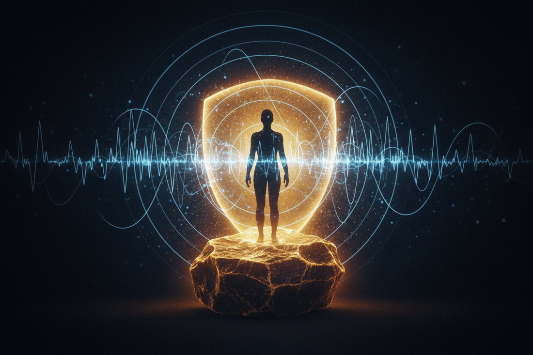 Human silhouette surrounded by EMF radiation waves with shungite stone radiating protective golden light — radiation detox plan