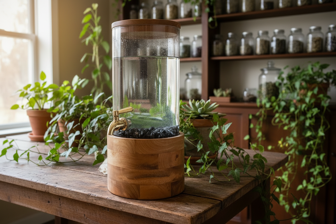 Shungite water tank in apothecary room