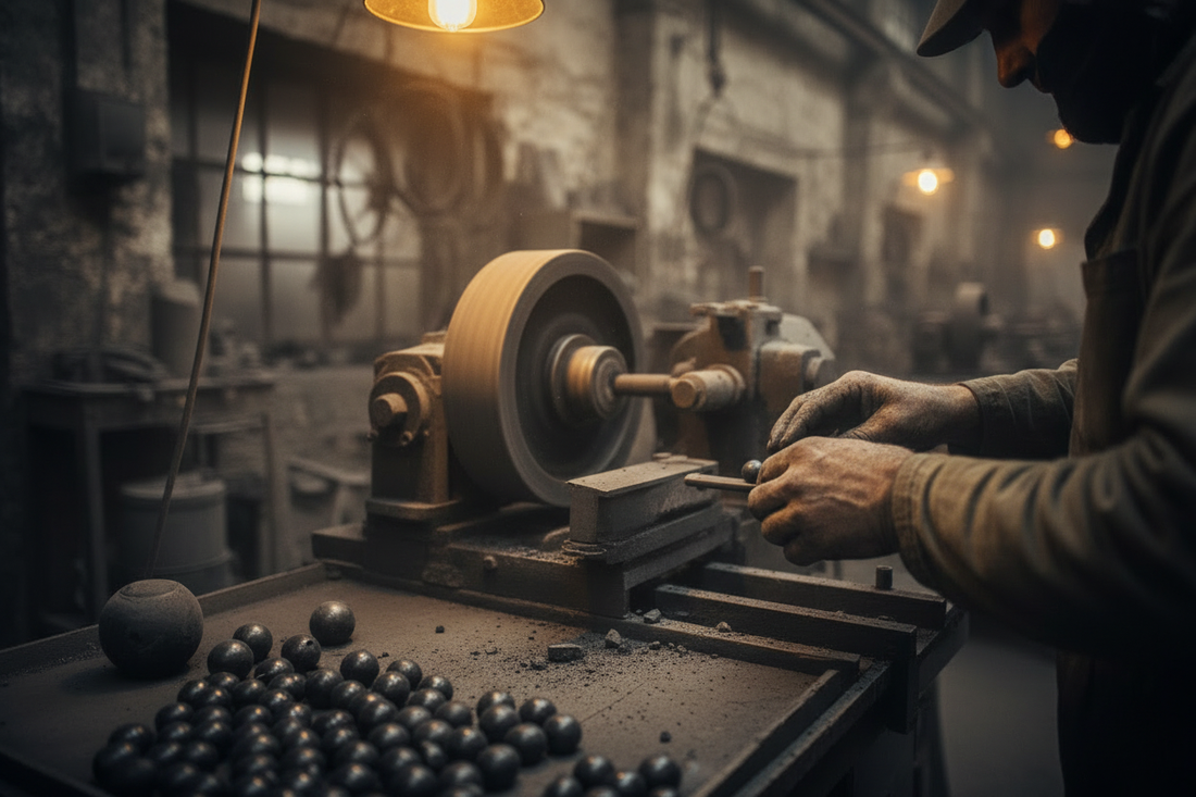 Shungite beads being crafted by hand in a Karelian stone processing factory