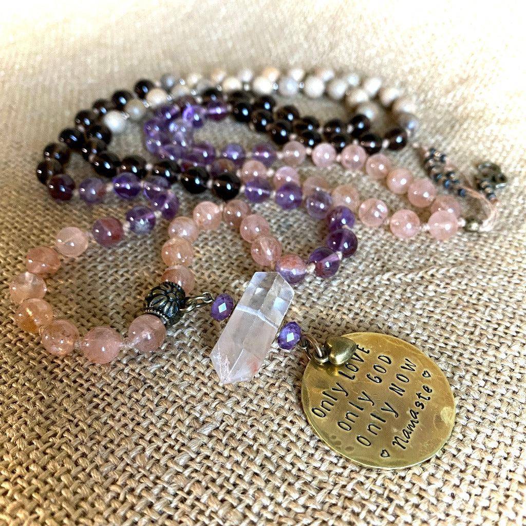 3-Onlies Mala Necklace | Morganite, Cacoxenite, Sandalwood