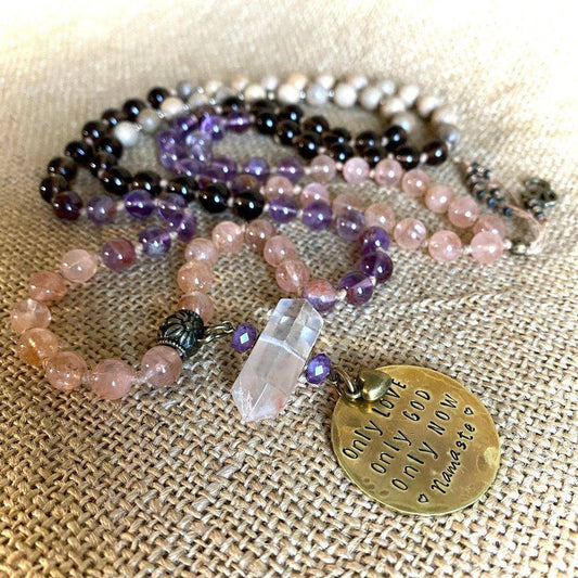 3-Onlies Mala Necklace | Morganite, Cacoxenite, Sandalwood
