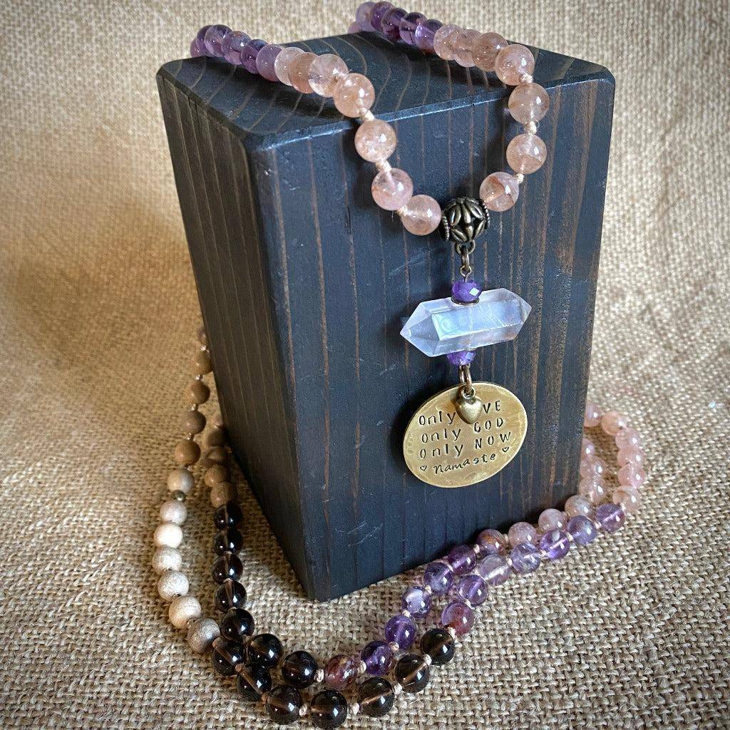 3-Onlies Mala Necklace | Morganite, Cacoxenite, Sandalwood
