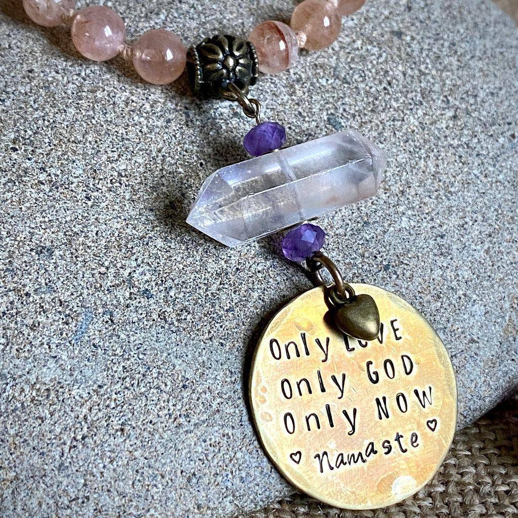 3-Onlies Mala Necklace | Morganite, Cacoxenite, Sandalwood