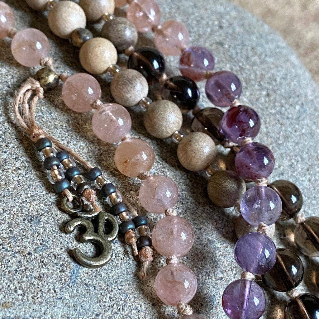 3-Onlies Mala Necklace | Morganite, Cacoxenite, Sandalwood