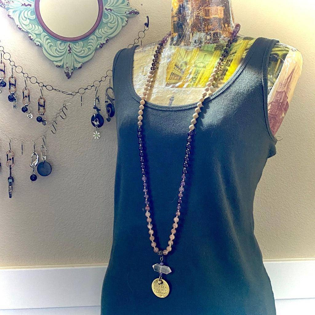 3-Onlies Mala Necklace | Morganite, Cacoxenite, Sandalwood