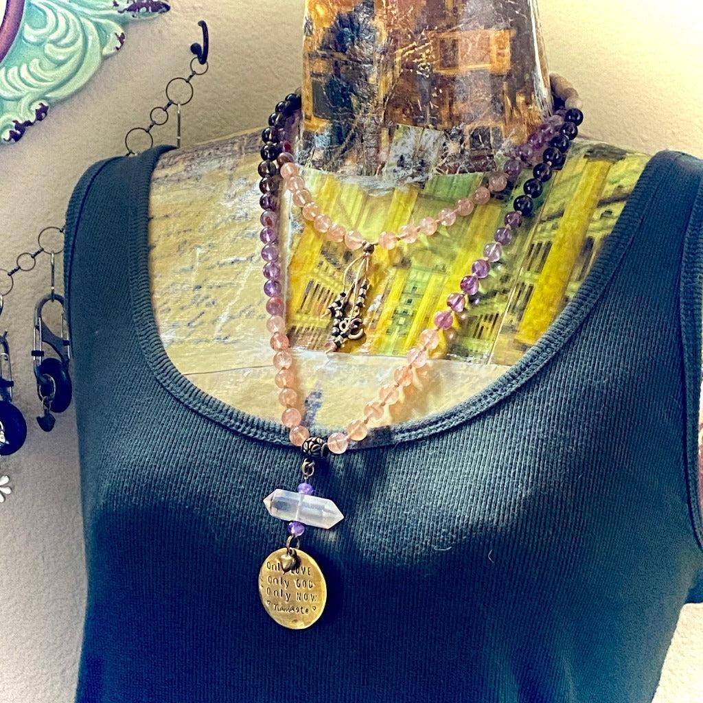 3-Onlies Mala Necklace | Morganite, Cacoxenite, Sandalwood