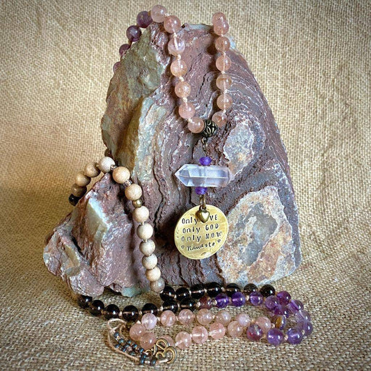 3-Onlies Mala Necklace | Morganite, Cacoxenite, Sandalwood