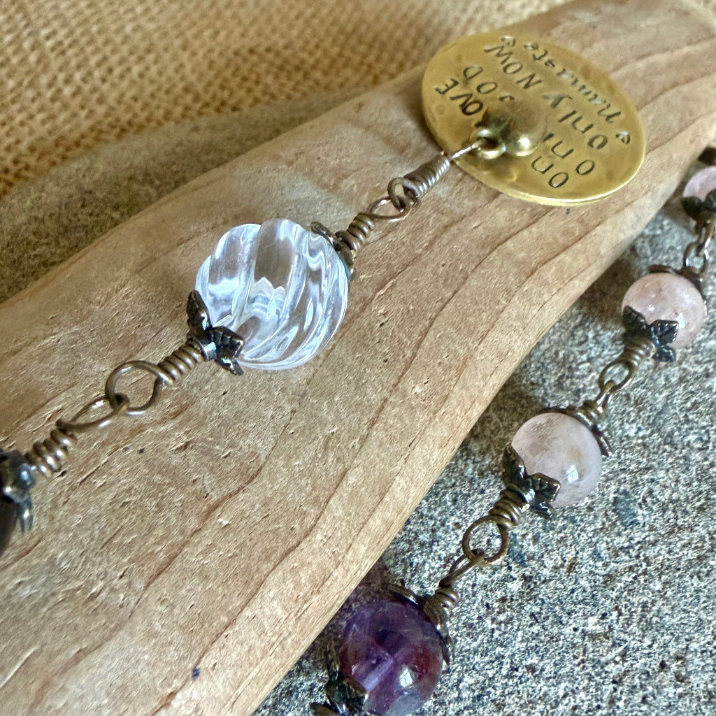3-Onlies Hangable Rosary | Morganite, Cacoxenite, Smoky Quartz Close-up of medal